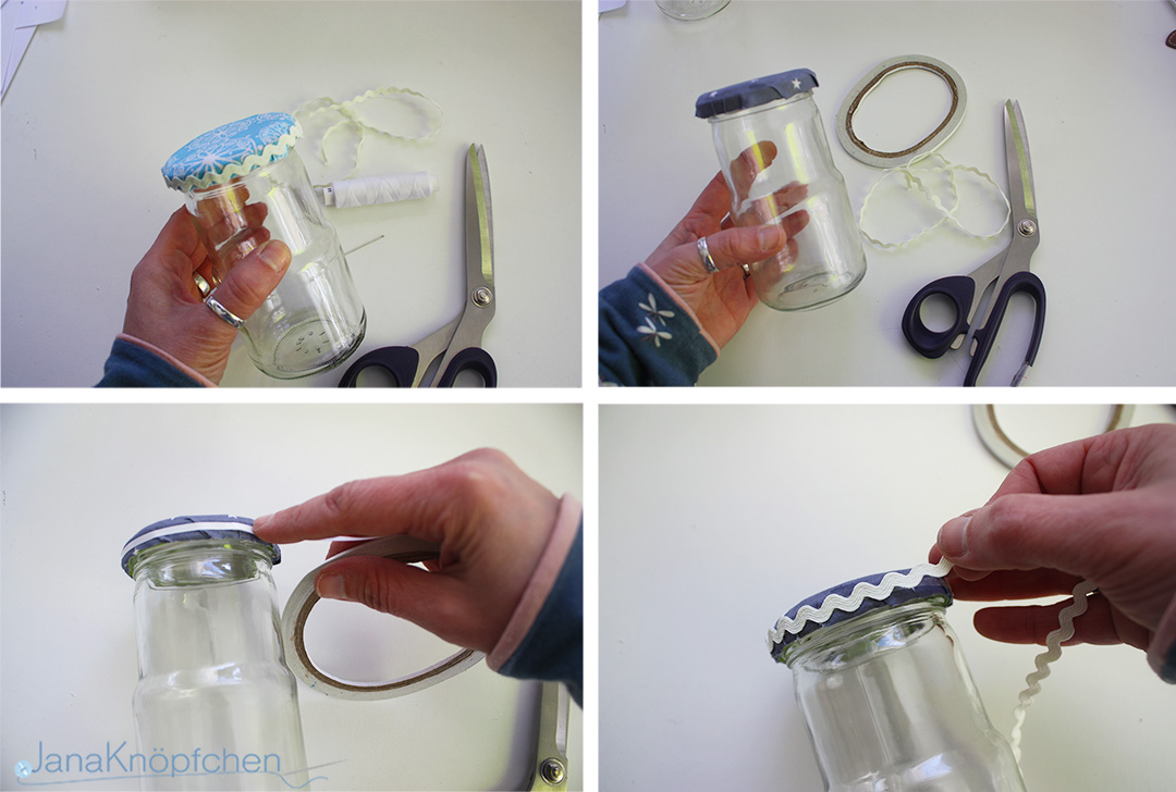 DIY Gläser verschönern. Deckel mit Zackenlitze bekleben. JanaKnöpfchen - Nähen für Jungs