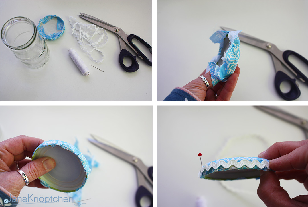 DIY Gläser verschönern. Deckel mit Zackenlitze verzieren. JanaKnöpfchen - Nähen für Jungs